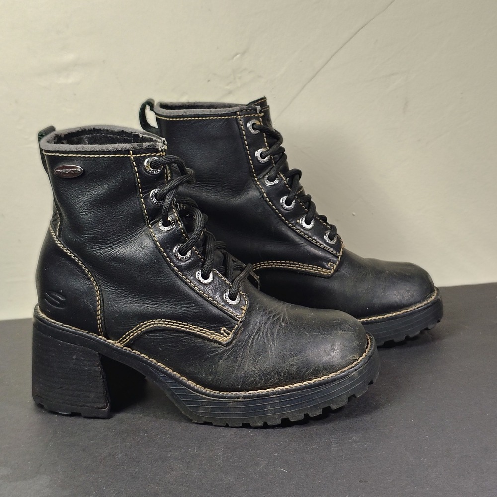 VINTAGE Skechers Jammers Boots Womens 8 Black Leather Chunky Heel Platform Goth